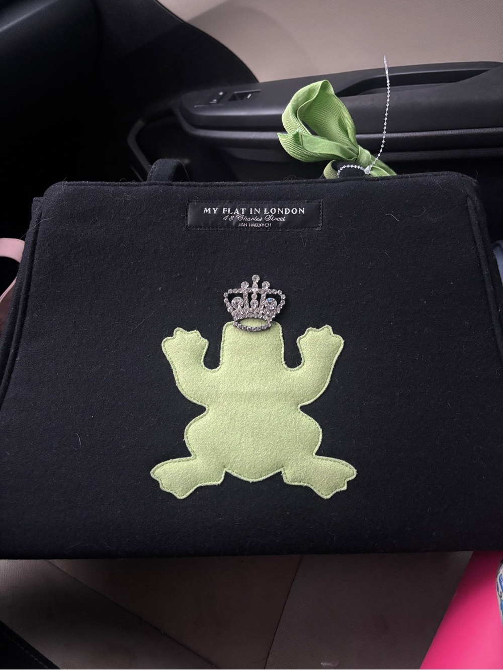 My Flat in London Black Felt Bag with Green Frog and rhinestone crown